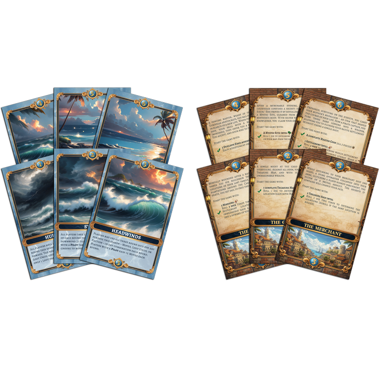 All of the above + Wind expansion (6 cards) – weather & sailing effects + Origins expansion (6 cards) – prequel scenarios & characters. Delivered after referral campaign ends. Game required.